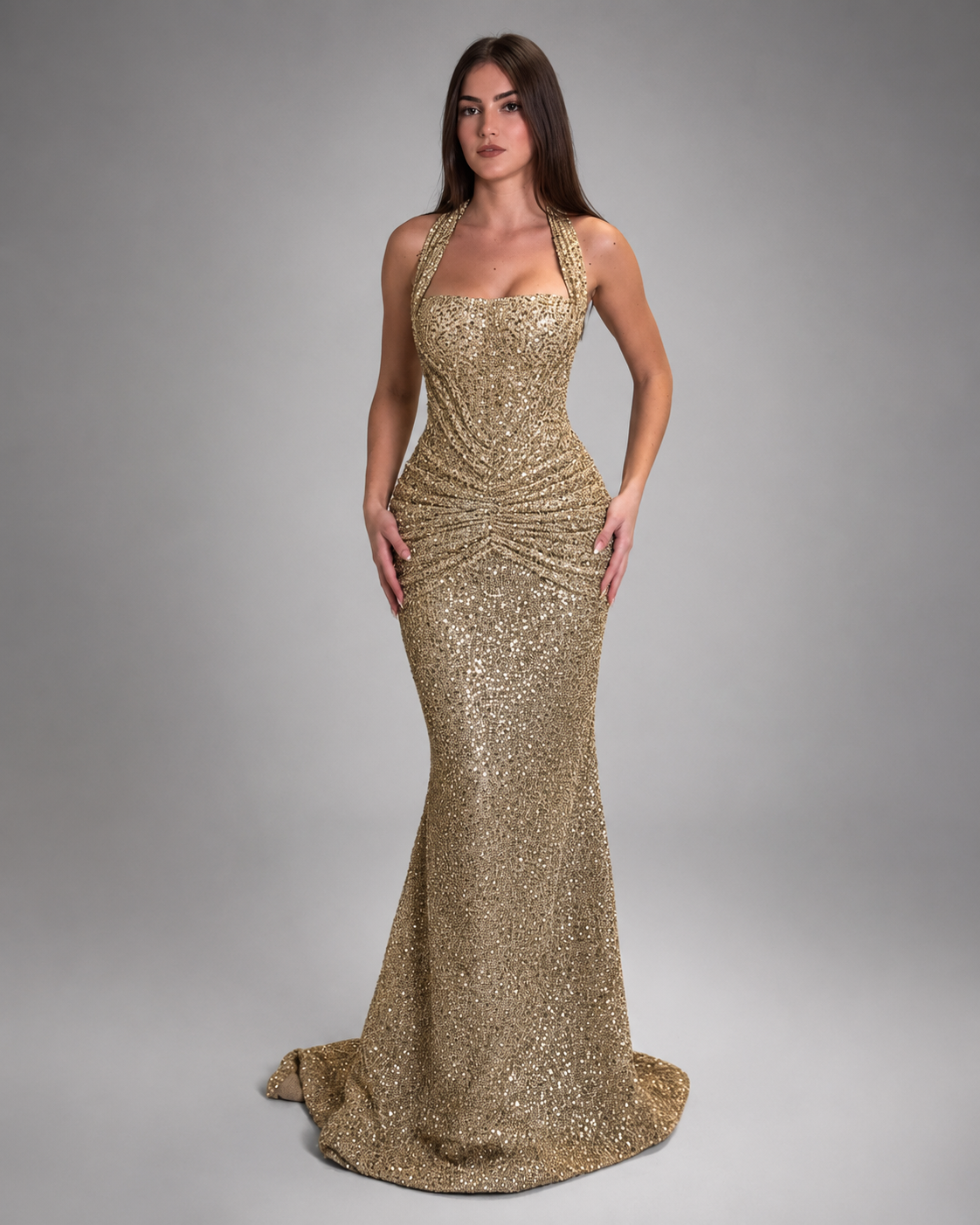 Women's Gold Mermaid Gown – Halter Neckline with Ruching – Formal Dress