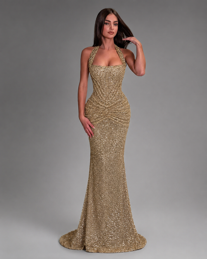Women's Gold Mermaid Gown – Halter Neckline with Ruching – Formal Dress