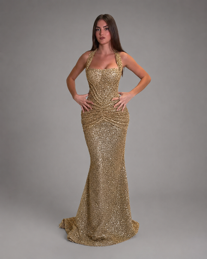 Women's Gold Mermaid Gown – Halter Neckline with Ruching – Formal Dress