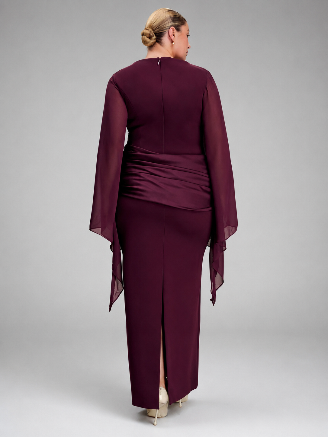 Women's Wine Red Maxi Dress – Flowing Sheer Sleeves with Draped Waist