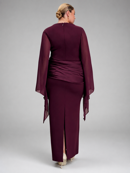 Women's Wine Red Maxi Dress – Flowing Sheer Sleeves with Draped Waist