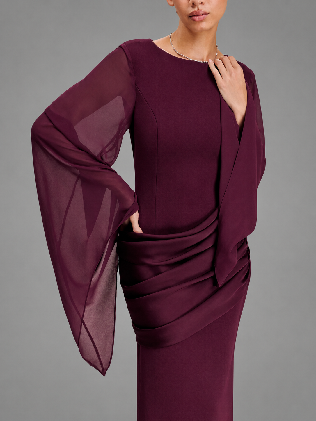 Women's Wine Red Maxi Dress – Flowing Sheer Sleeves with Draped Waist