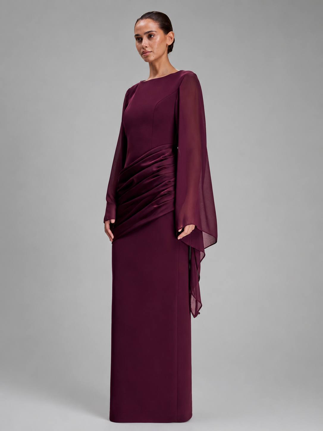 Women's Wine Red Maxi Dress – Flowing Sheer Sleeves with Draped Waist