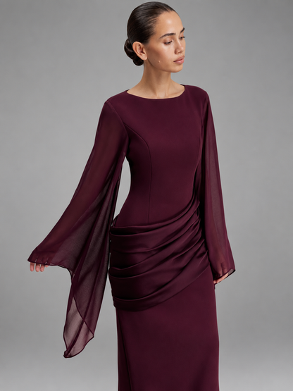 Women's Wine Red Maxi Dress – Flowing Sheer Sleeves with Draped Waist