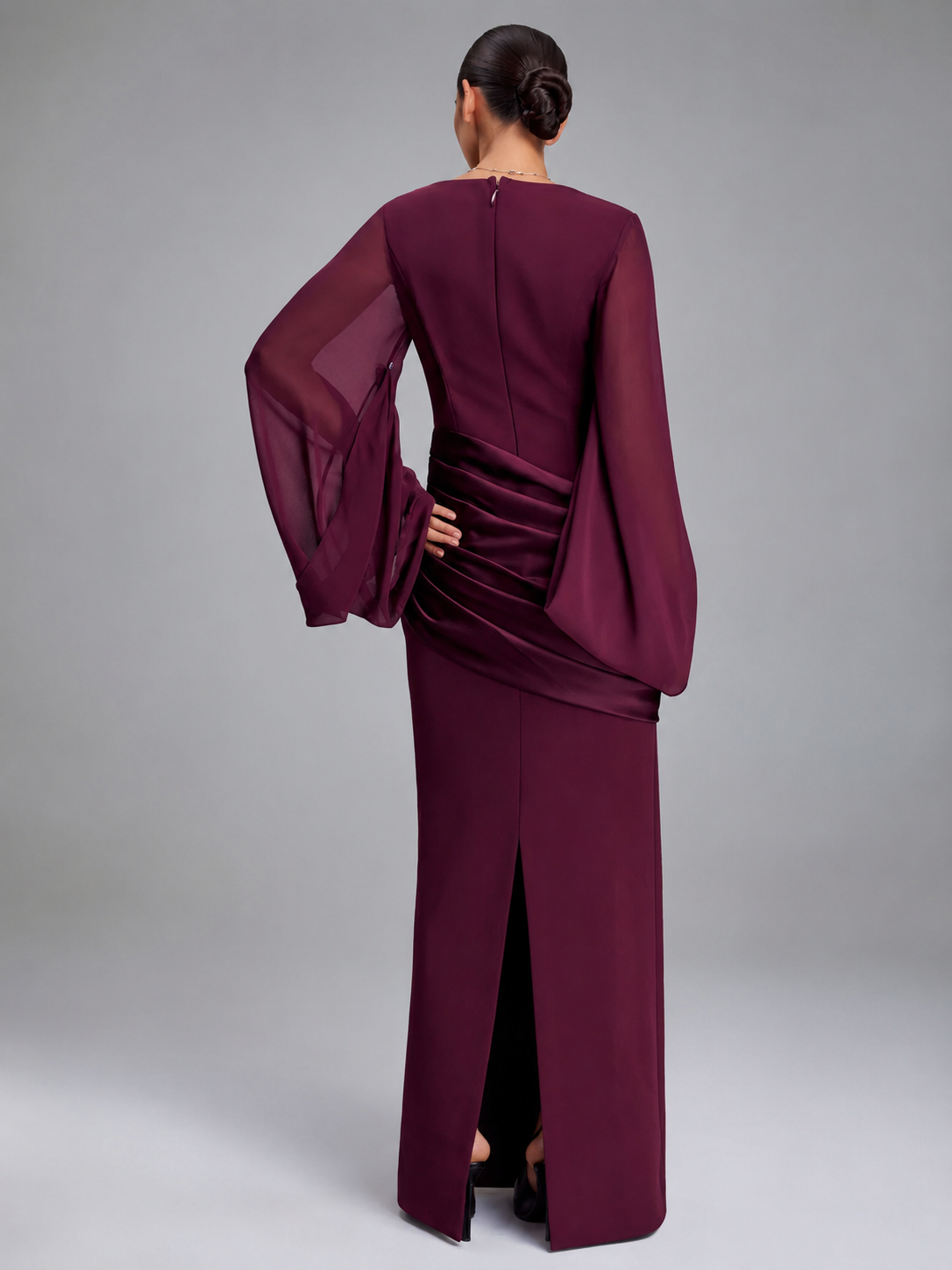 Women's Wine Red Maxi Dress – Flowing Sheer Sleeves with Draped Waist