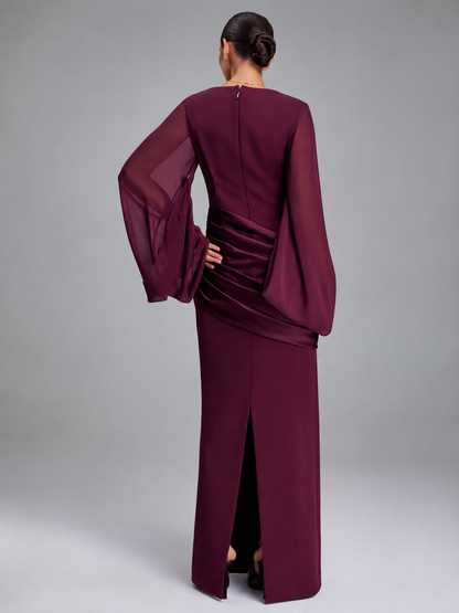 Women's Wine Red Maxi Dress – Flowing Sheer Sleeves with Draped Waist