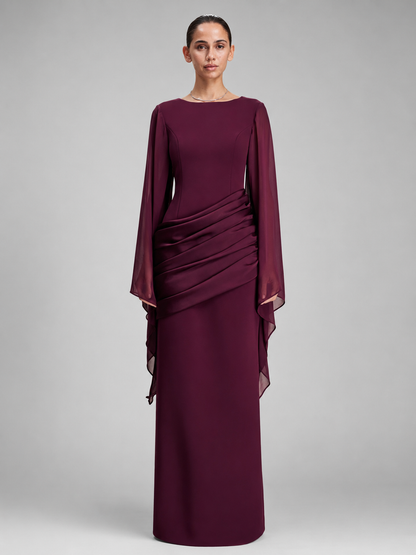 Women's Wine Red Maxi Dress – Flowing Sheer Sleeves with Draped Waist