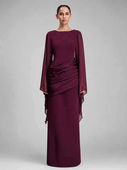 Women's Wine Red Maxi Dress – Flowing Sheer Sleeves with Draped Waist
