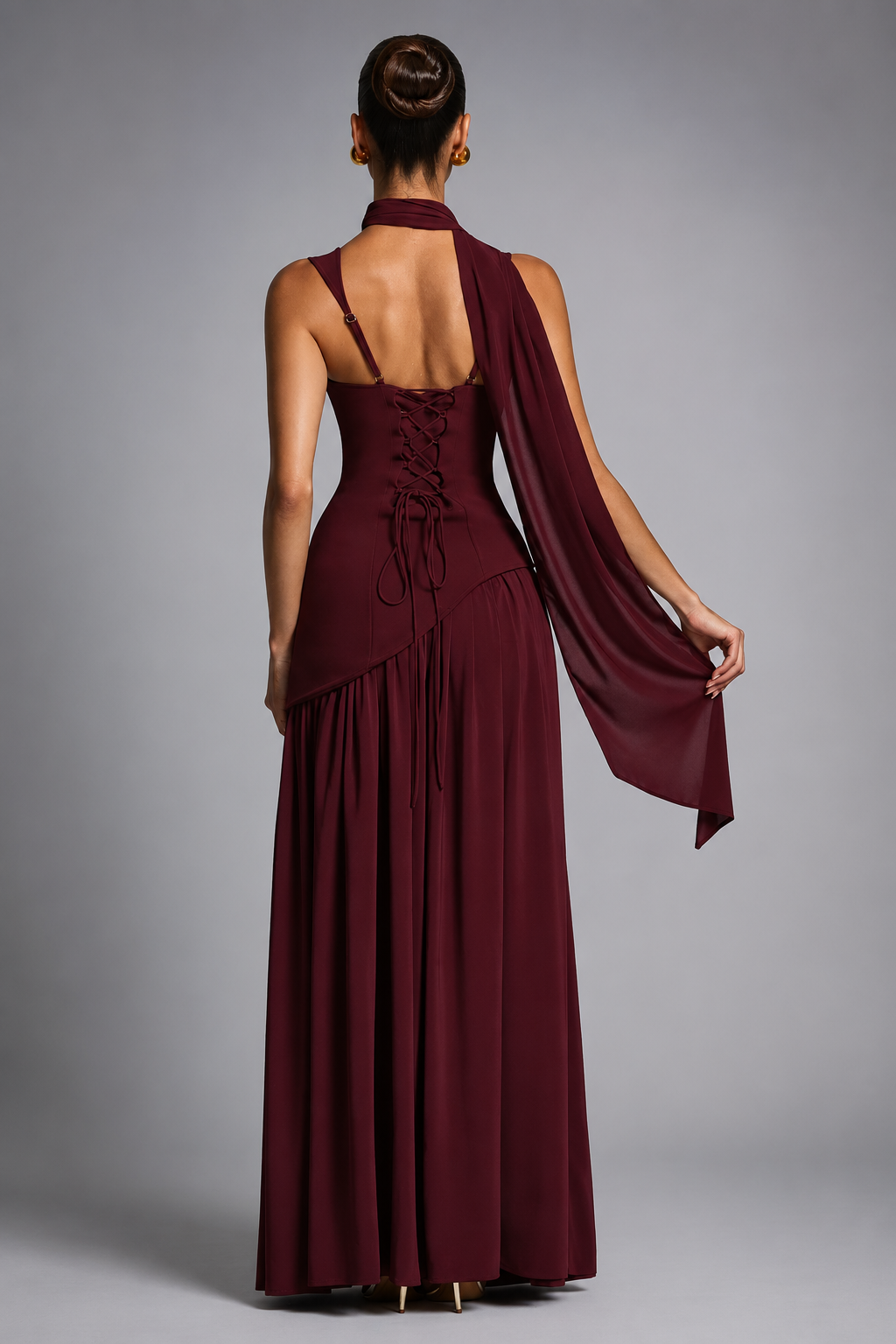 Women's Maxi Dress – Thigh-High Slit with Draped Detail – Corset-Inspired Fit