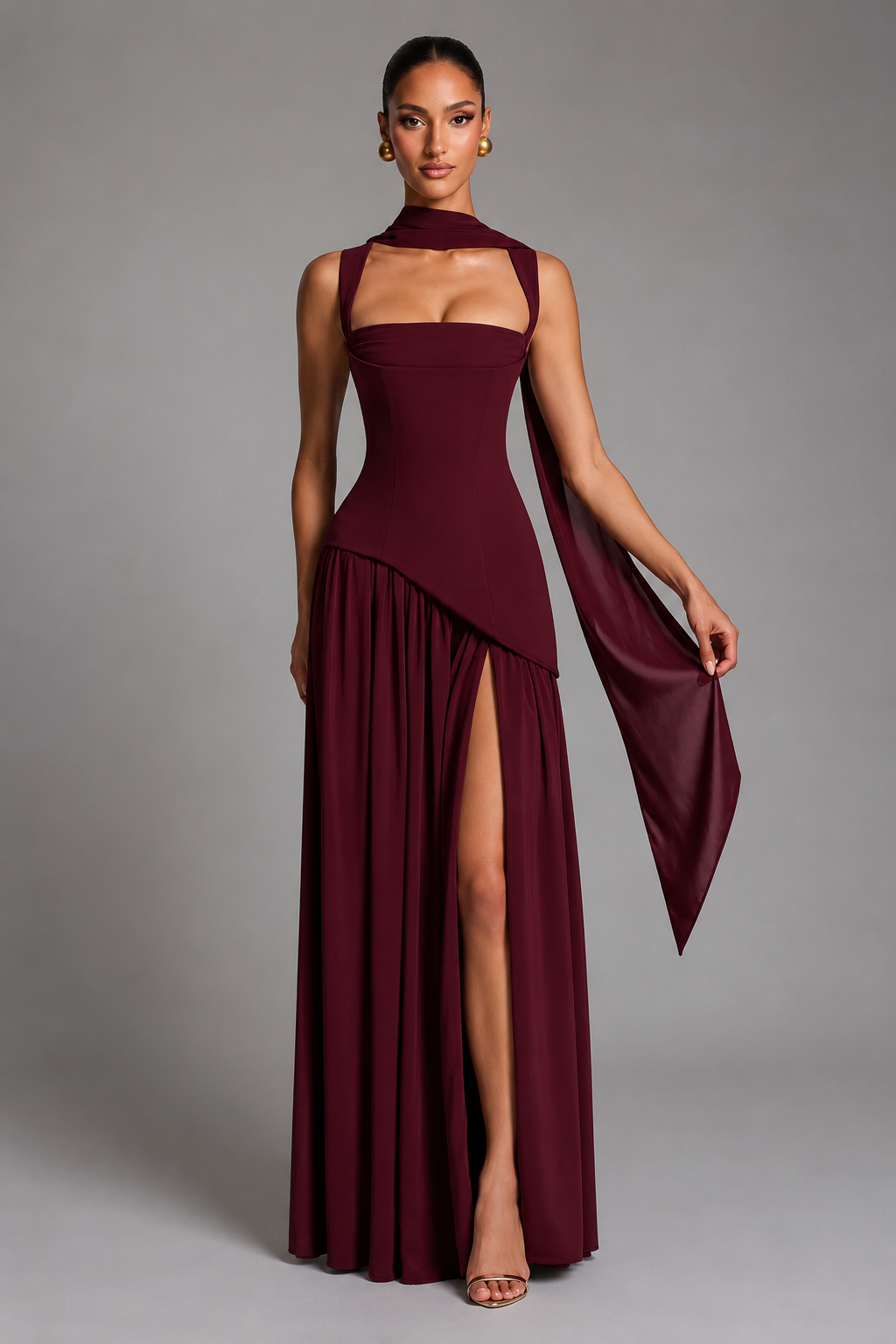 Women's Maxi Dress – Thigh-High Slit with Draped Detail – Corset-Inspired Fit
