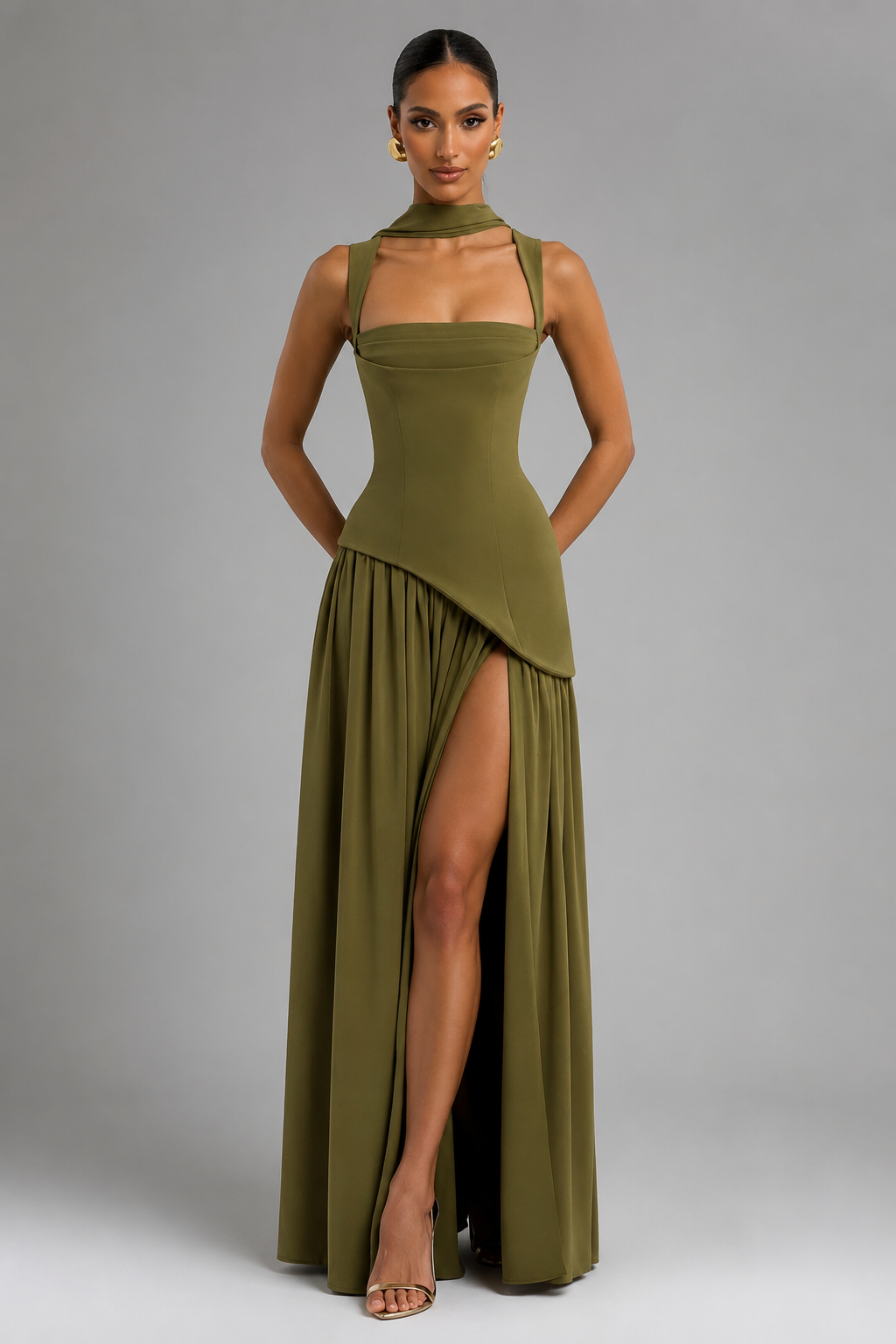 Women's Maxi Dress – Thigh-High Slit with Draped Detail – Corset-Inspired Fit