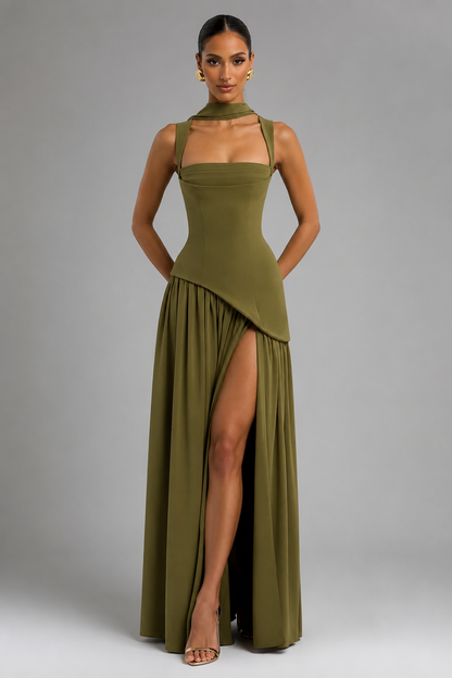 Women's Maxi Dress – Thigh-High Slit with Draped Detail – Corset-Inspired Fit