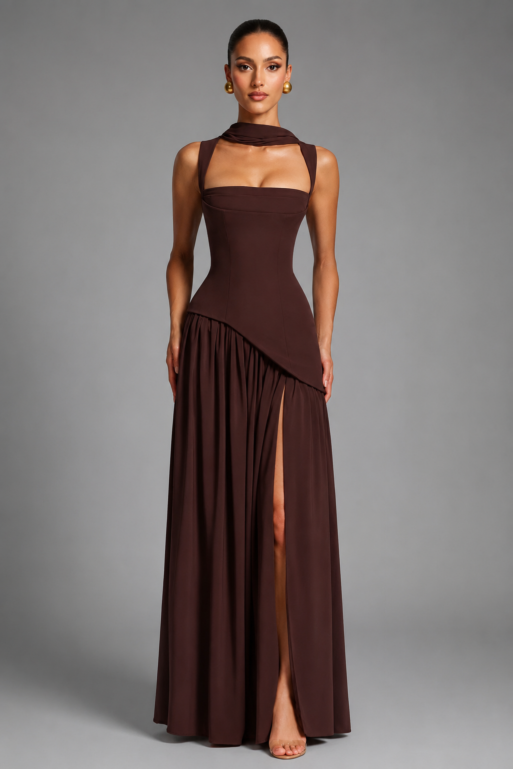 Women's Maxi Dress – Thigh-High Slit with Draped Detail – Corset-Inspired Fit