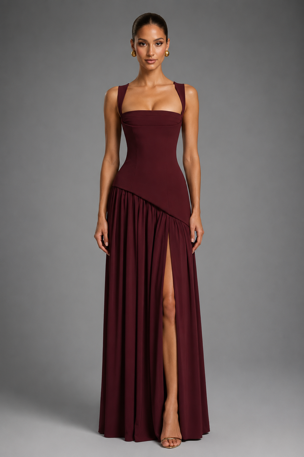Women's Maxi Dress – Thigh-High Slit with Draped Detail – Corset-Inspired Fit