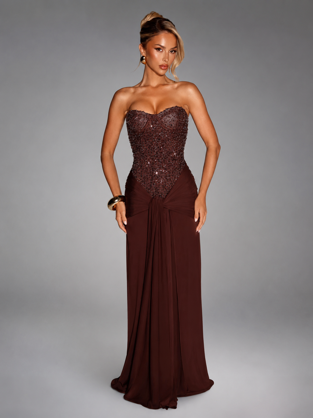 Women's Strapless Maxi Dress – Sculpted Silhouette with Sparkling Bodice