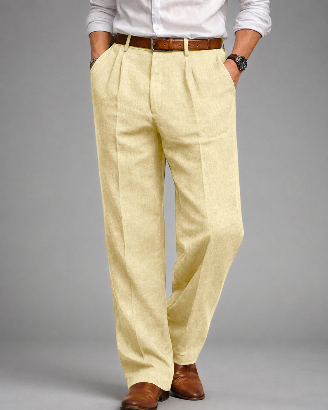 Men's Linen Blend Dress Pants – Pleated High Waist Design with Wide Leg Cut