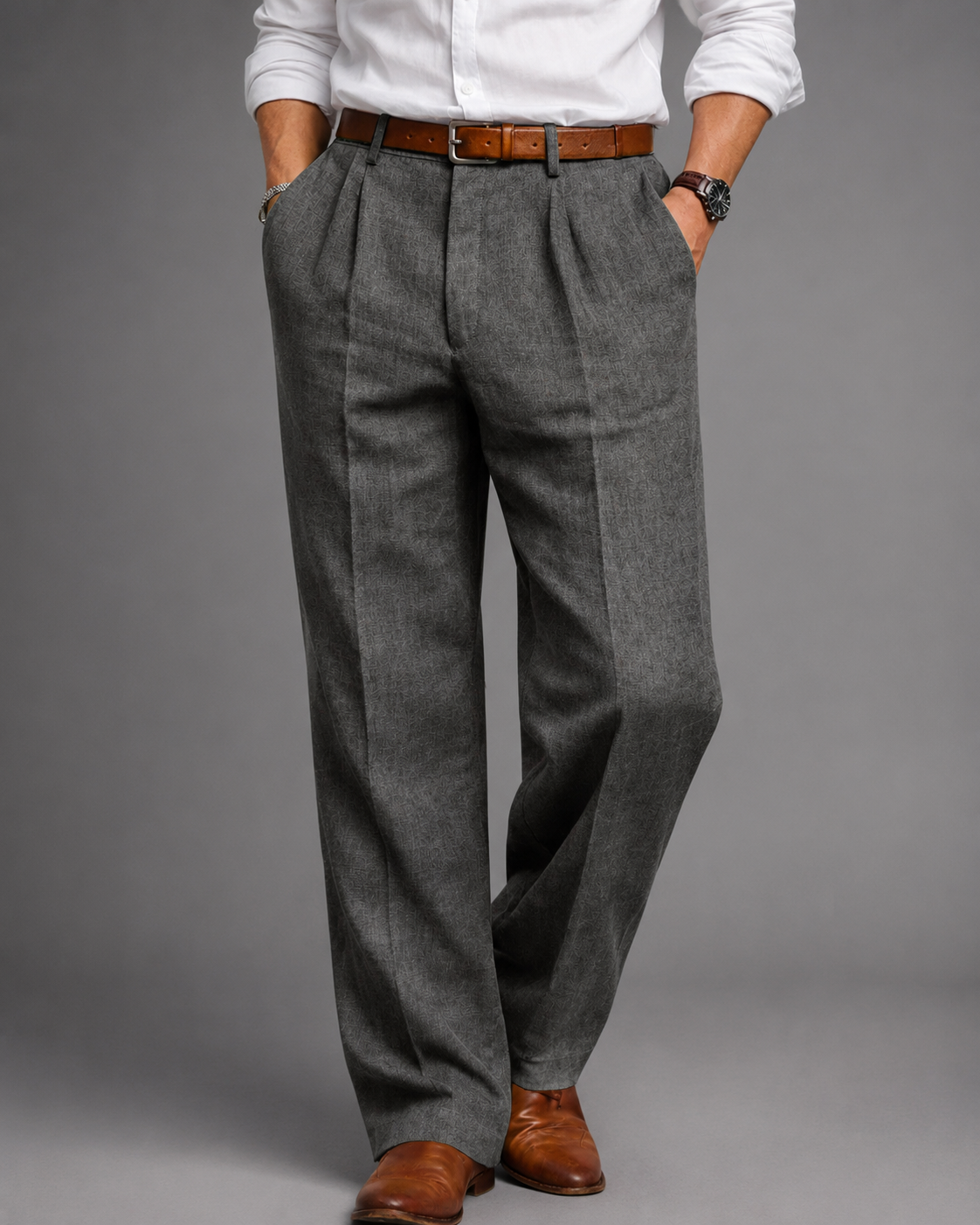 Men's Linen Blend Dress Pants – Pleated High Waist Design with Wide Leg Cut