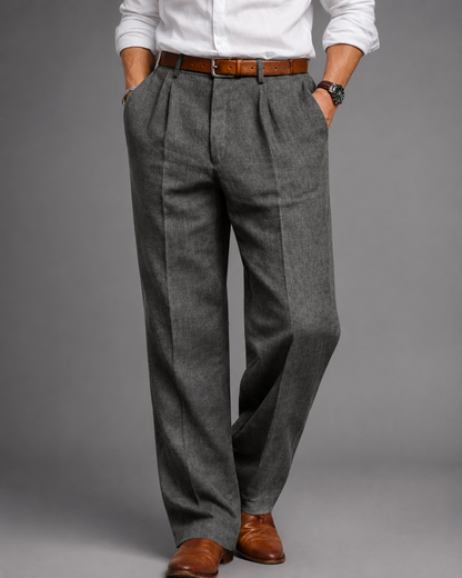 Men's Linen Blend Dress Pants – Pleated High Waist Design with Wide Leg Cut