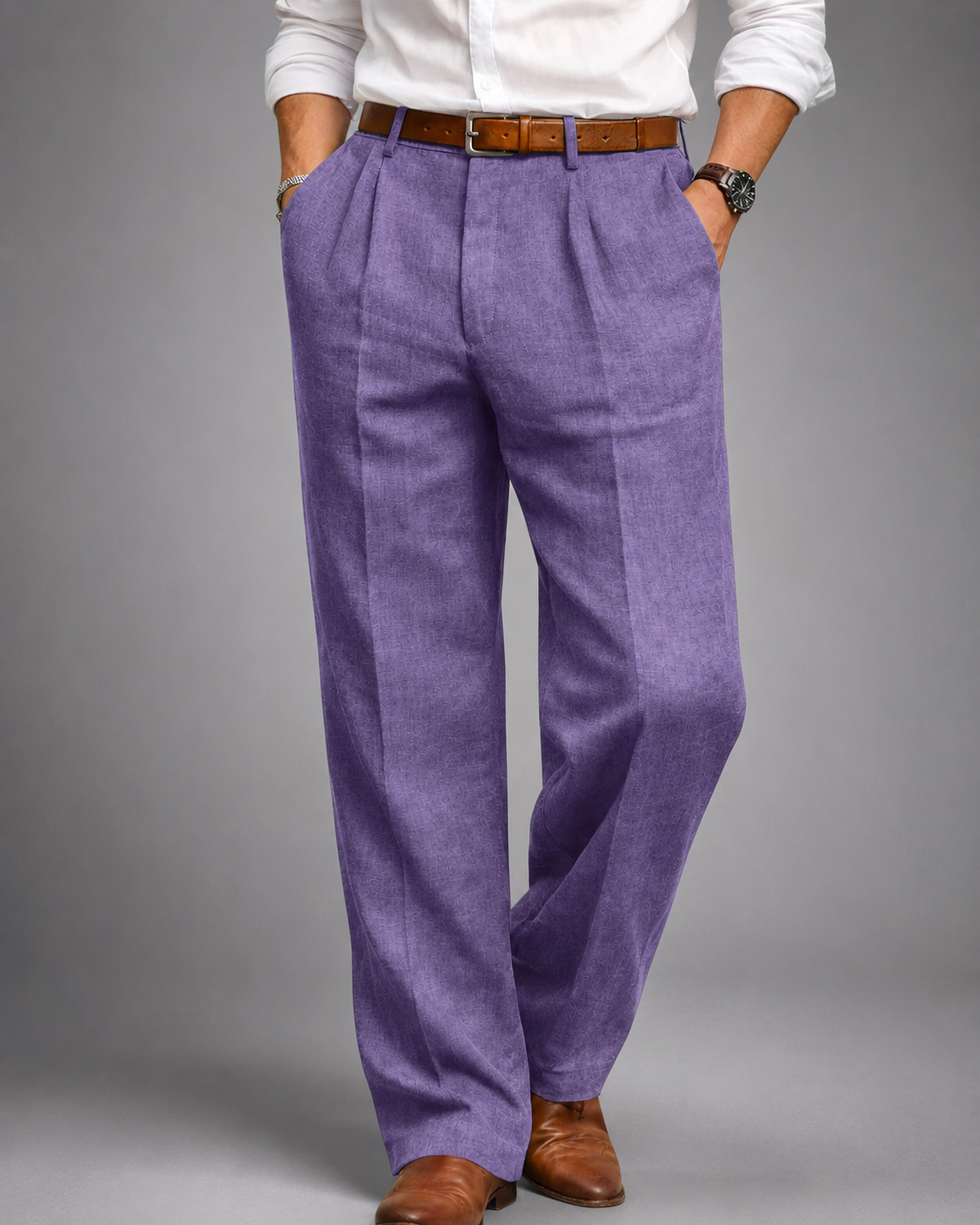 Men's Linen Blend Dress Pants – Pleated High Waist Design with Wide Leg Cut