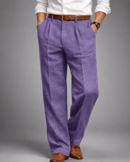 Men's Linen Blend Dress Pants – Pleated High Waist Design with Wide Leg Cut