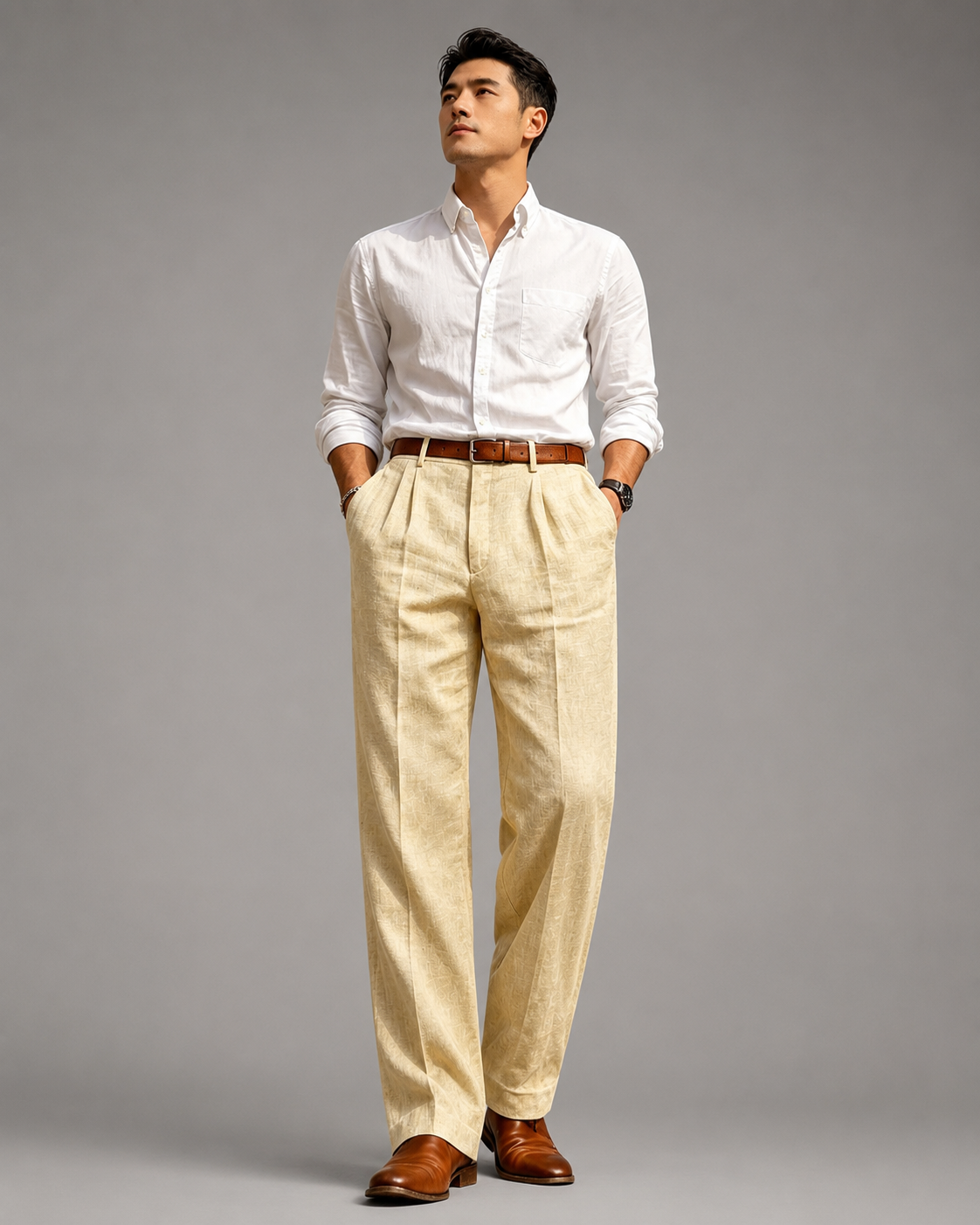 Men's Linen Blend Dress Pants – Pleated High Waist Design with Wide Leg Cut