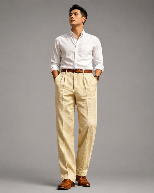Men's Linen Blend Dress Pants – Pleated High Waist Design with Wide Leg Cut