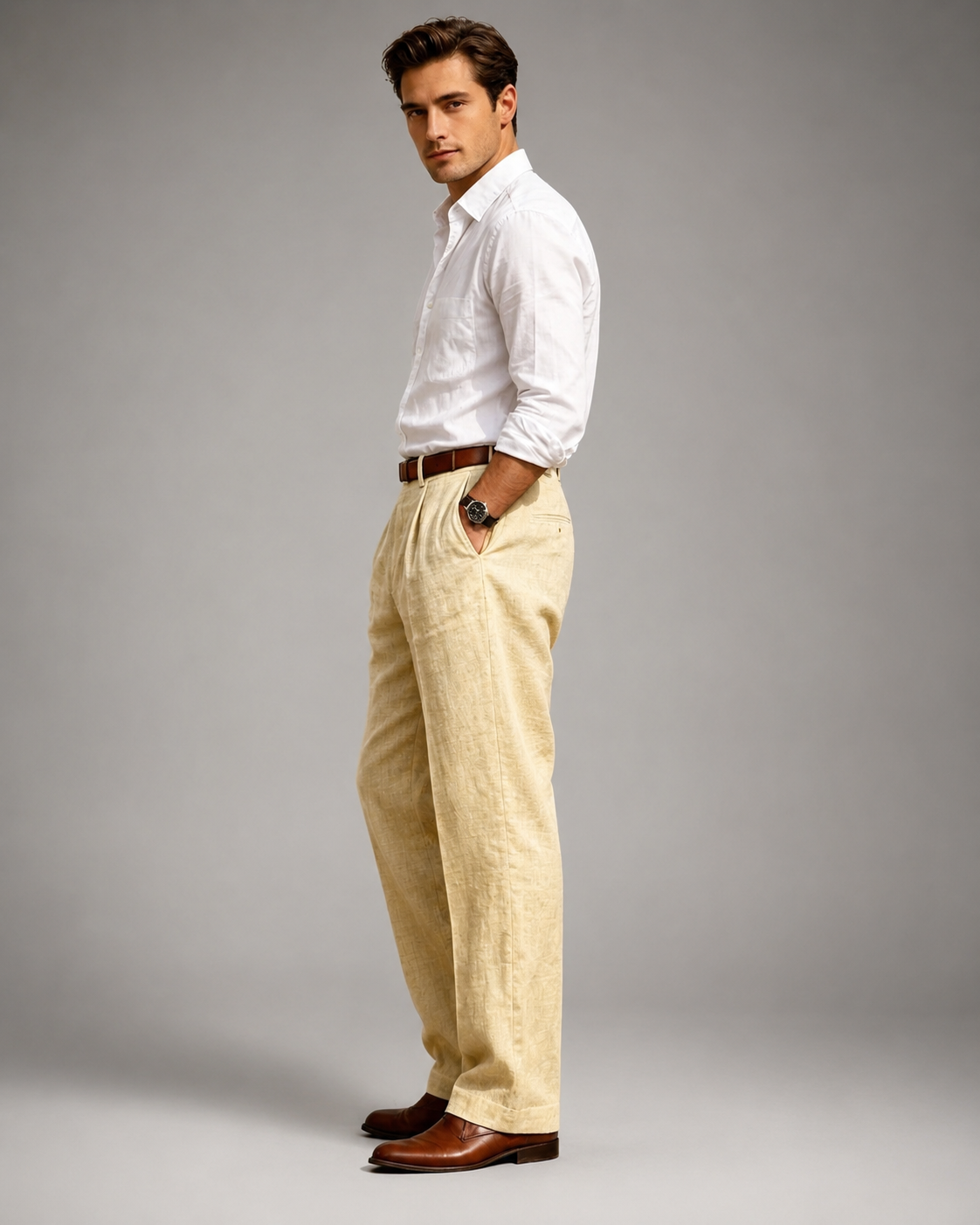 Men's Linen Blend Dress Pants – Pleated High Waist Design with Wide Leg Cut