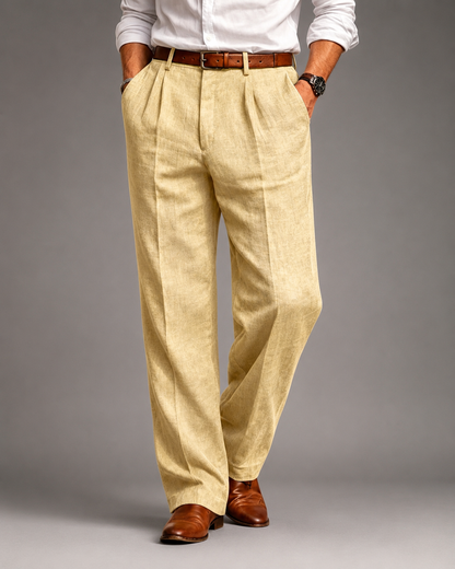 Men's Linen Blend Dress Pants – Pleated High Waist Design with Wide Leg Cut