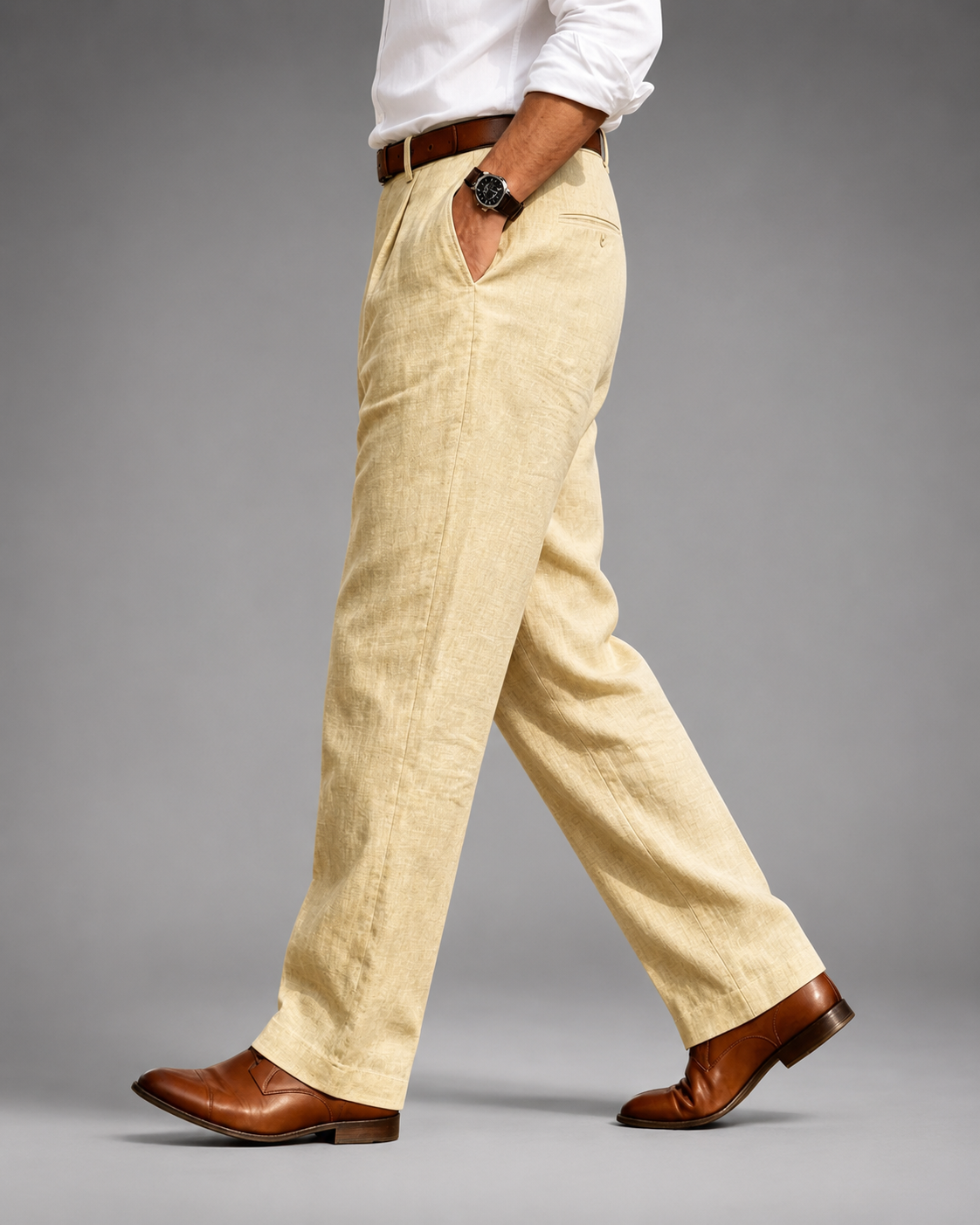 Men's Linen Blend Dress Pants – Pleated High Waist Design with Wide Leg Cut