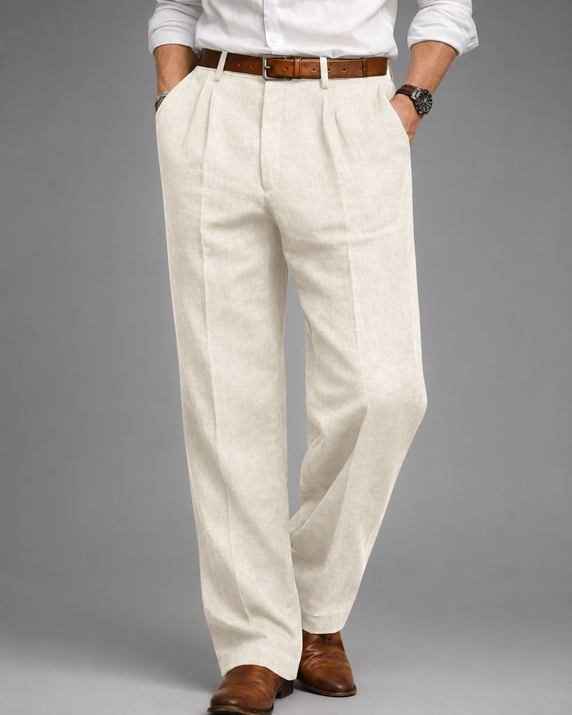 Men's Linen Blend Dress Pants – Pleated High Waist Design with Wide Leg Cut