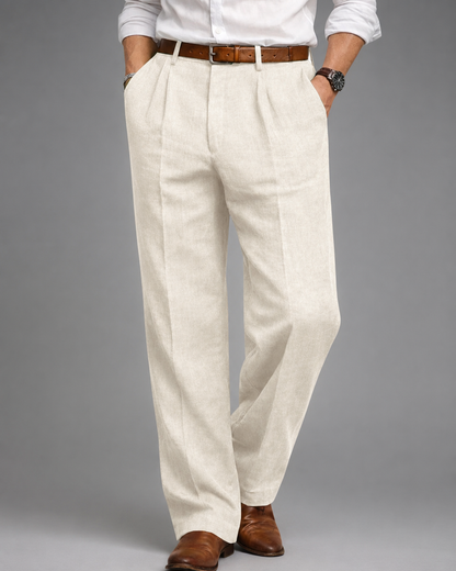 Men's Linen Blend Dress Pants – Pleated High Waist Design with Wide Leg Cut