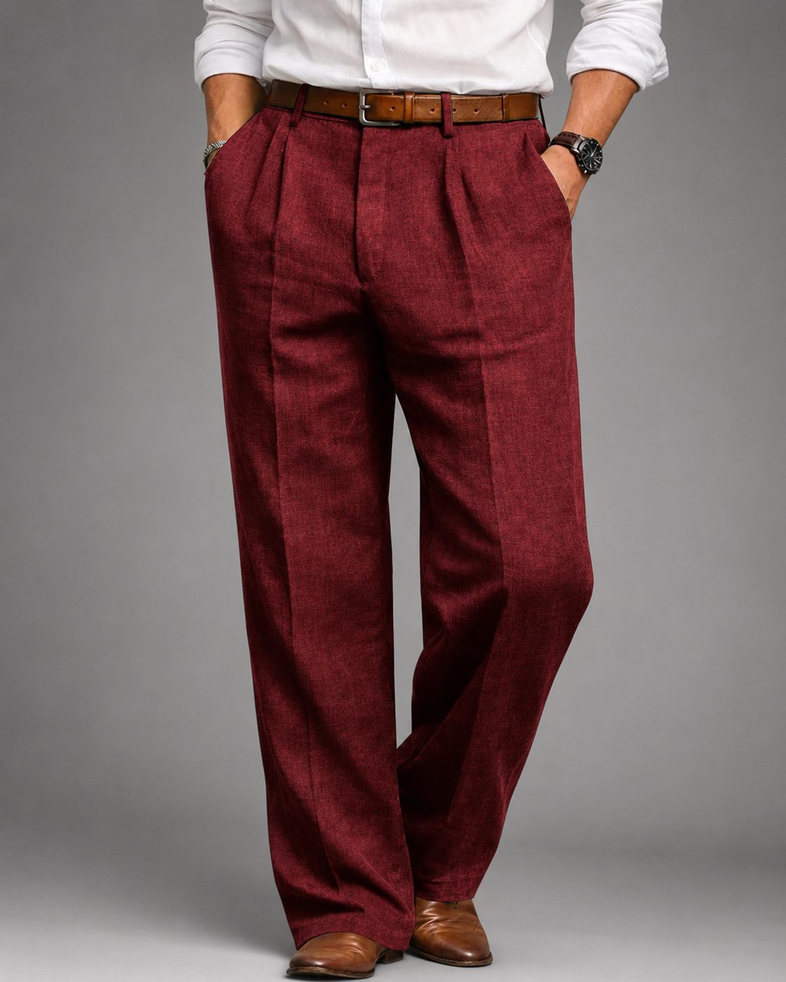 Men's Linen Blend Dress Pants – Pleated High Waist Design with Wide Leg Cut