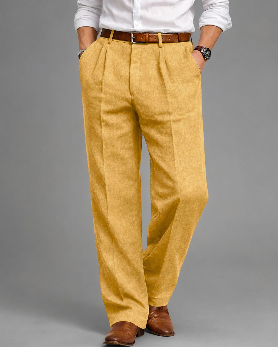 Men's Linen Blend Dress Pants – Pleated High Waist Design with Wide Leg Cut