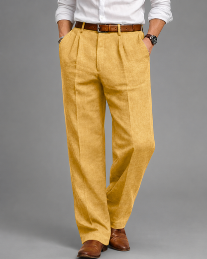 Men's Linen Blend Dress Pants – Pleated High Waist Design with Wide Leg Cut