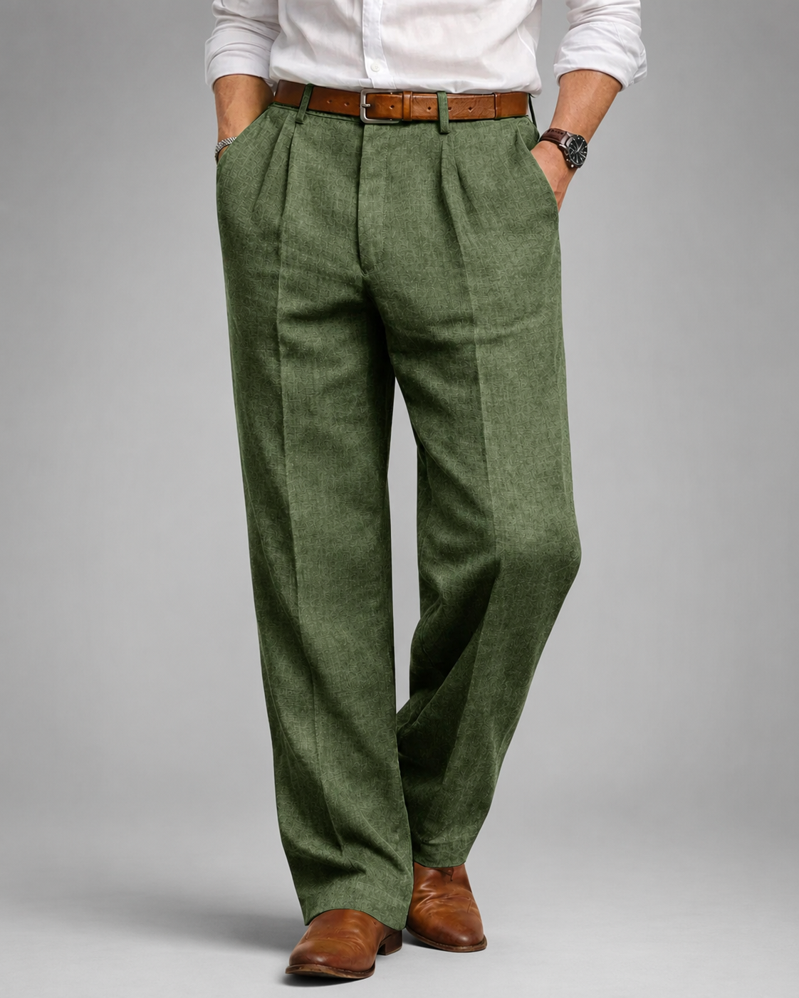 Men's Linen Blend Dress Pants – Pleated High Waist Design with Wide Leg Cut