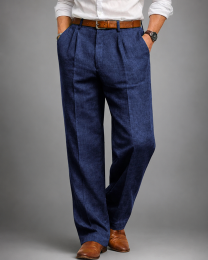 Men's Linen Blend Dress Pants – Pleated High Waist Design with Wide Leg Cut