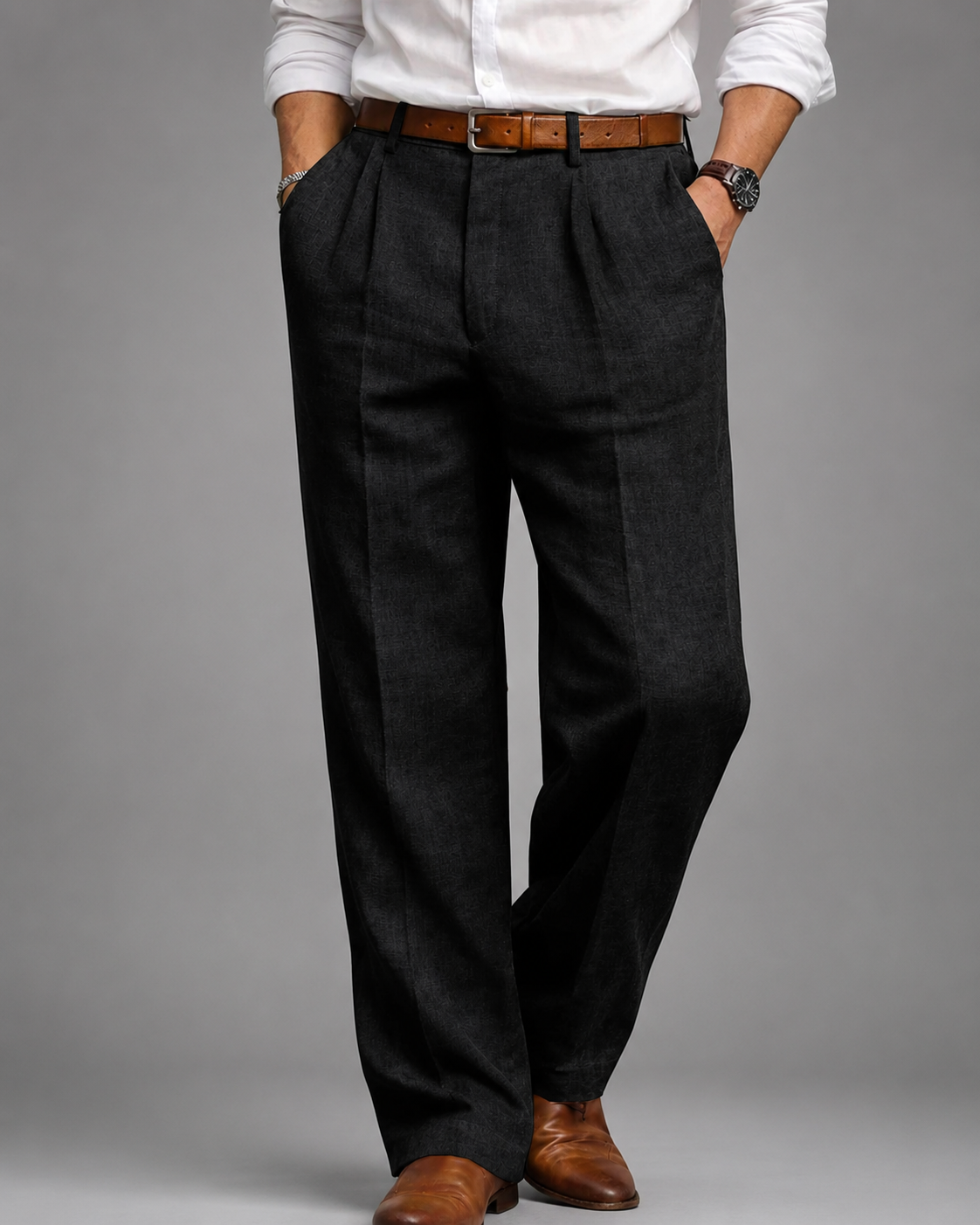 Men's Linen Blend Dress Pants – Pleated High Waist Design with Wide Leg Cut