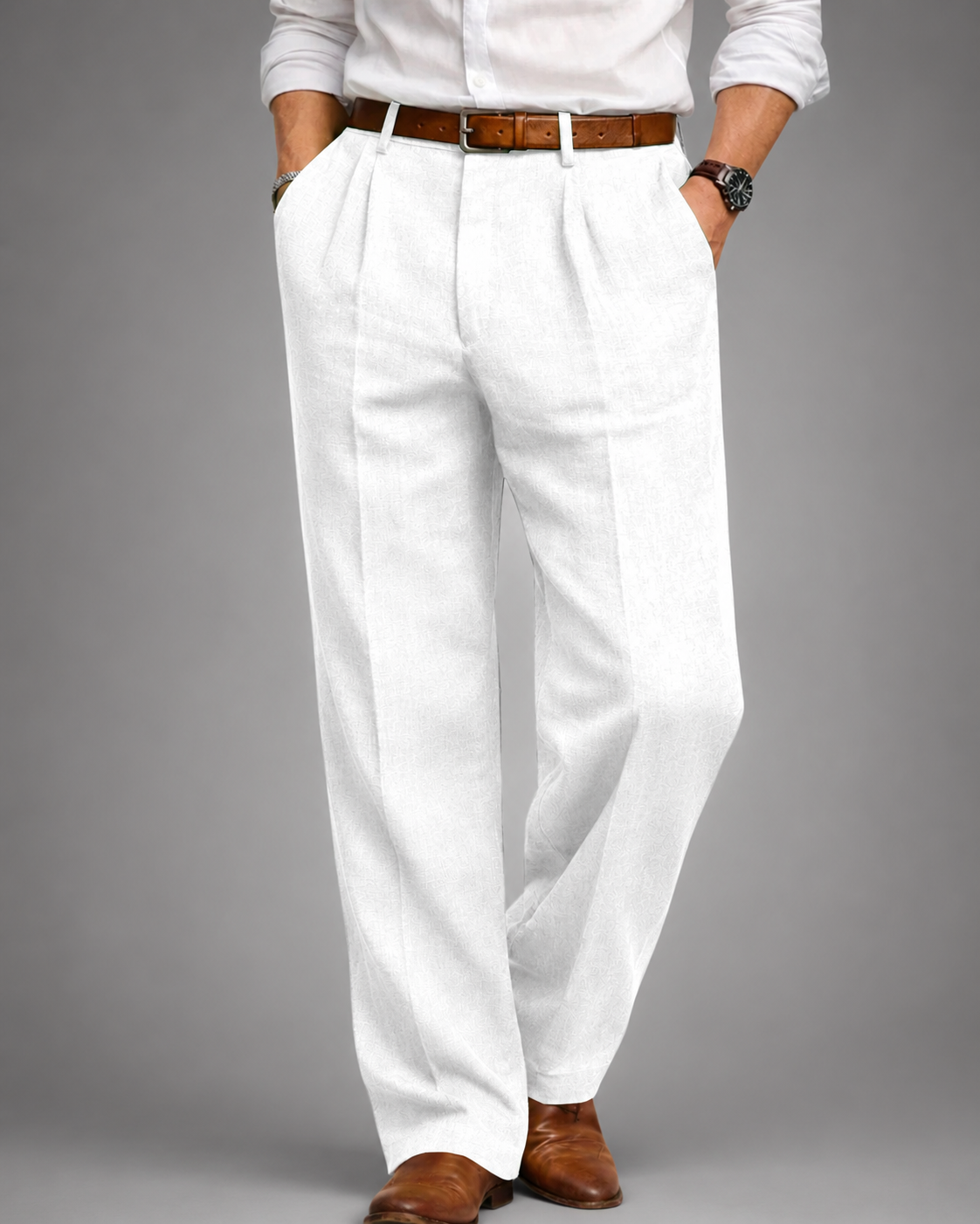 Men's Linen Blend Dress Pants – Pleated High Waist Design with Wide Leg Cut