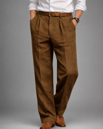 Men's Linen Blend Dress Pants – Pleated High Waist Design with Wide Leg Cut
