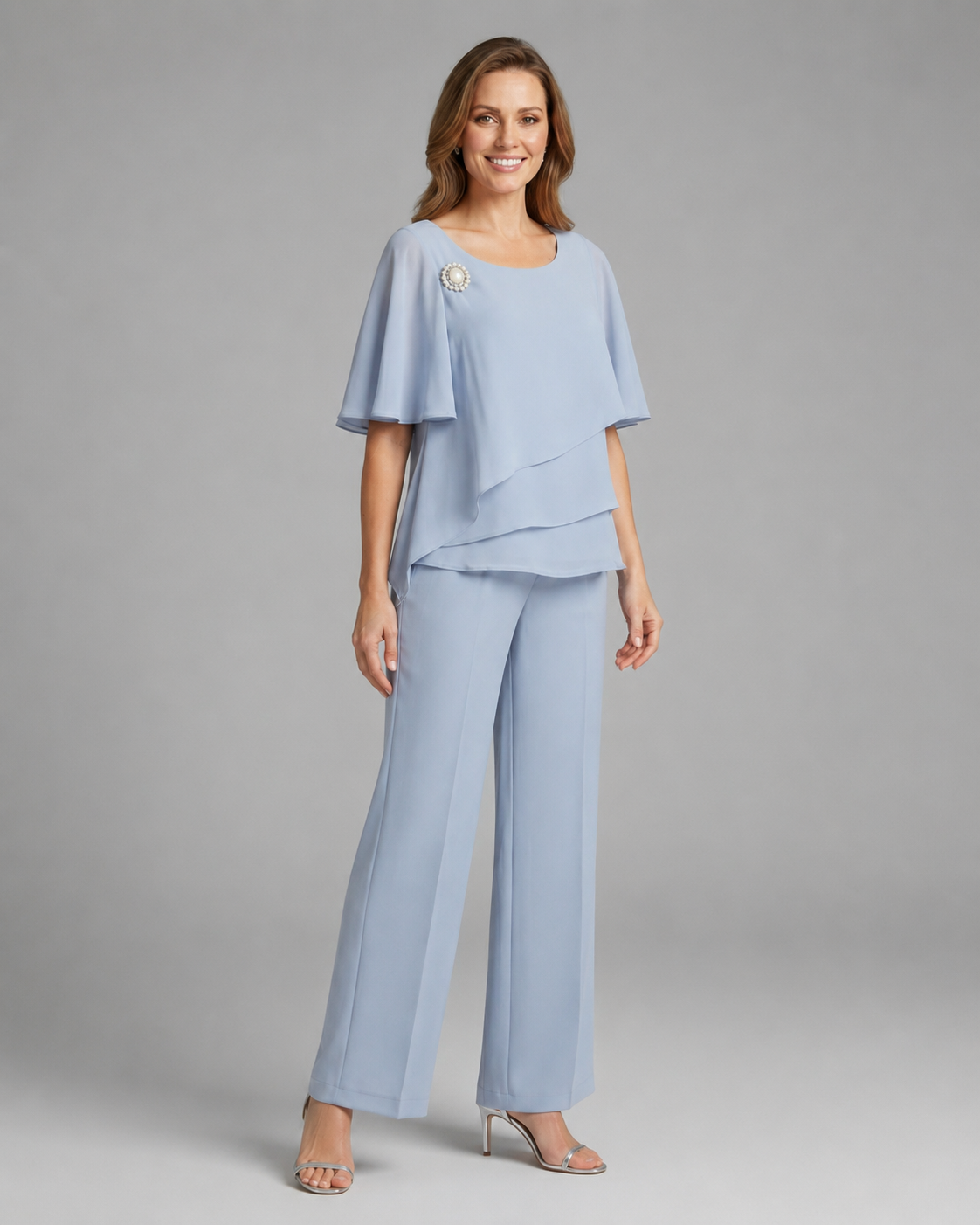 Women's Woven Layered Top and Straight Leg Trousers Set – Round Neckline, Relaxed Fit