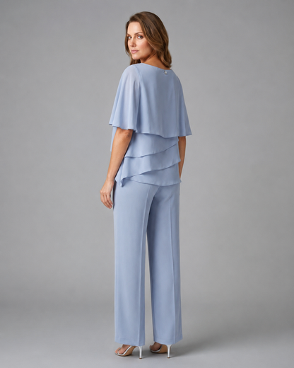 Women's Woven Layered Top and Straight Leg Trousers Set – Round Neckline, Relaxed Fit