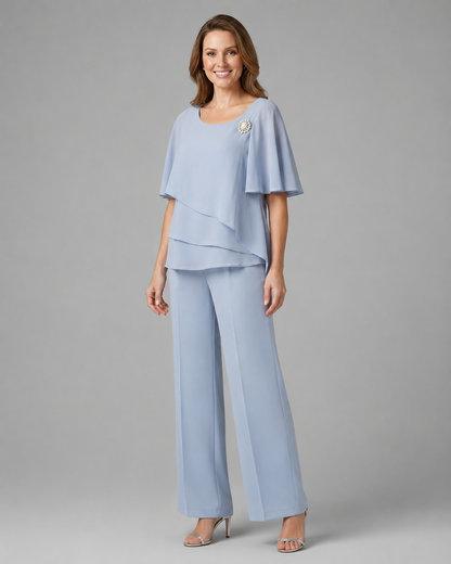 Women's Woven Layered Top and Straight Leg Trousers Set – Round Neckline, Relaxed Fit