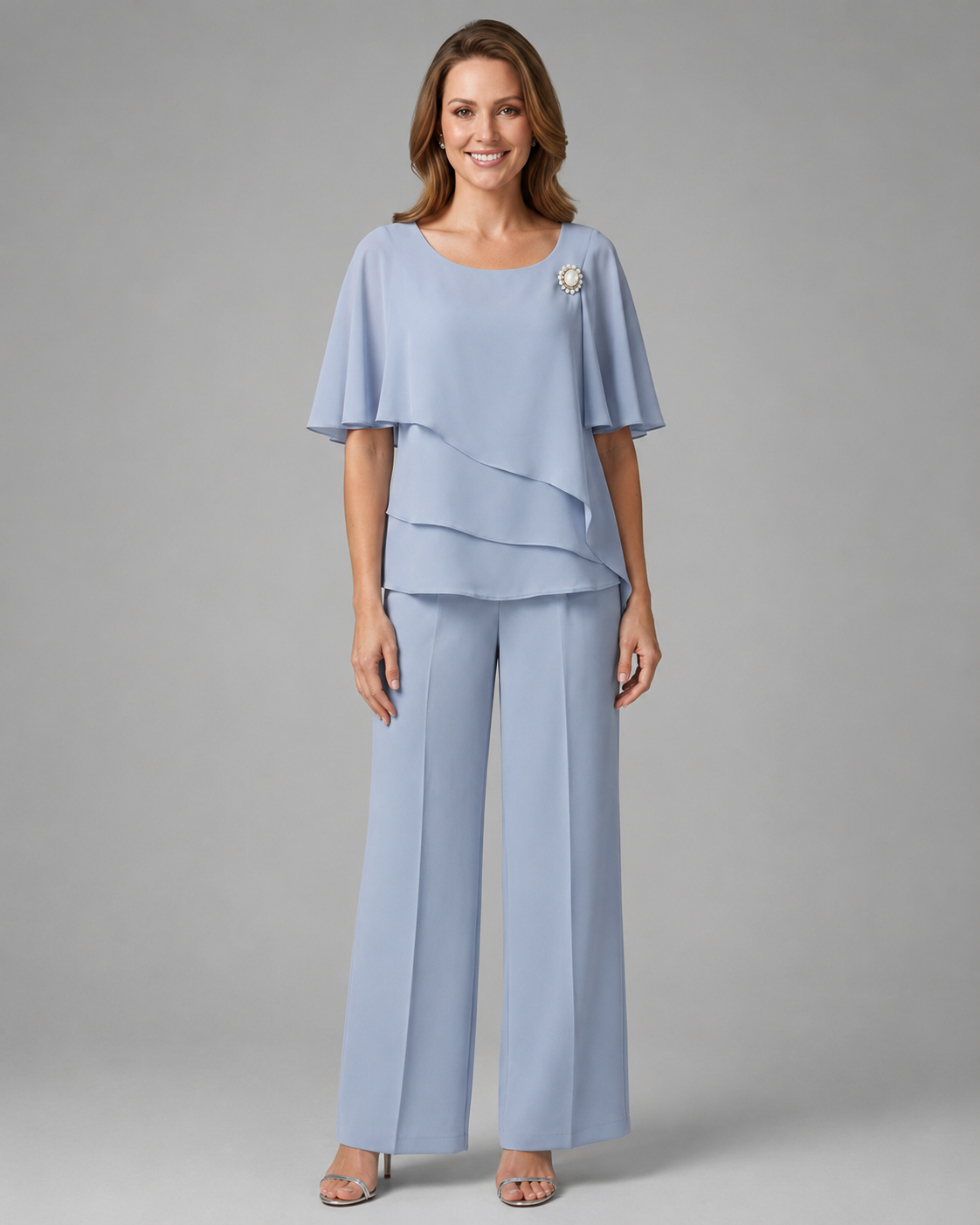 Women's Woven Layered Top and Straight Leg Trousers Set – Round Neckline, Relaxed Fit