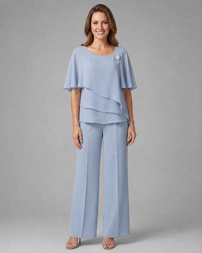 Women's Woven Layered Top and Straight Leg Trousers Set – Round Neckline, Relaxed Fit