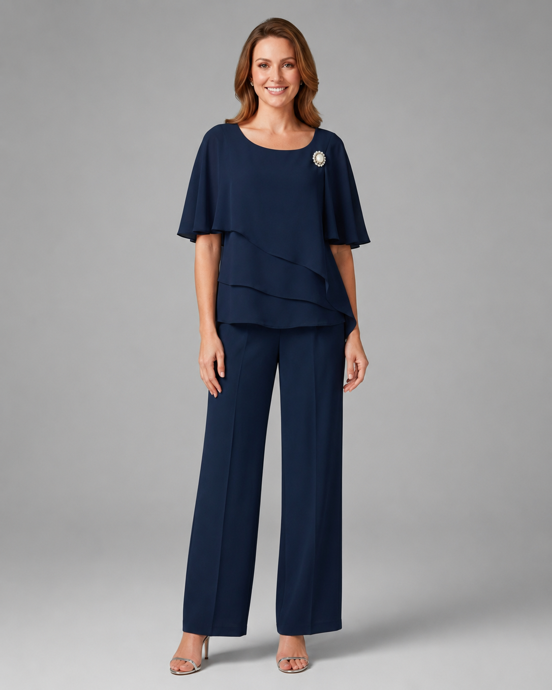 Women's Woven Layered Top and Straight Leg Trousers Set – Round Neckline, Relaxed Fit