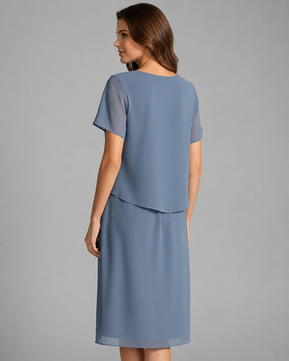 Women's Short Sleeve Dress – Layered Front Panel with Straight Hem