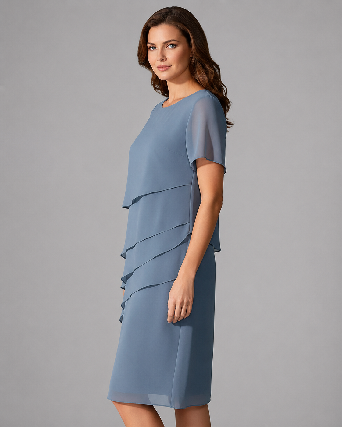 Women's Short Sleeve Dress – Layered Front Panel with Straight Hem