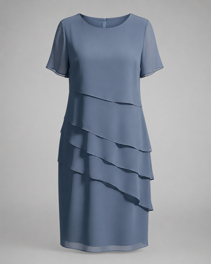 Women's Short Sleeve Dress – Layered Front Panel with Straight Hem