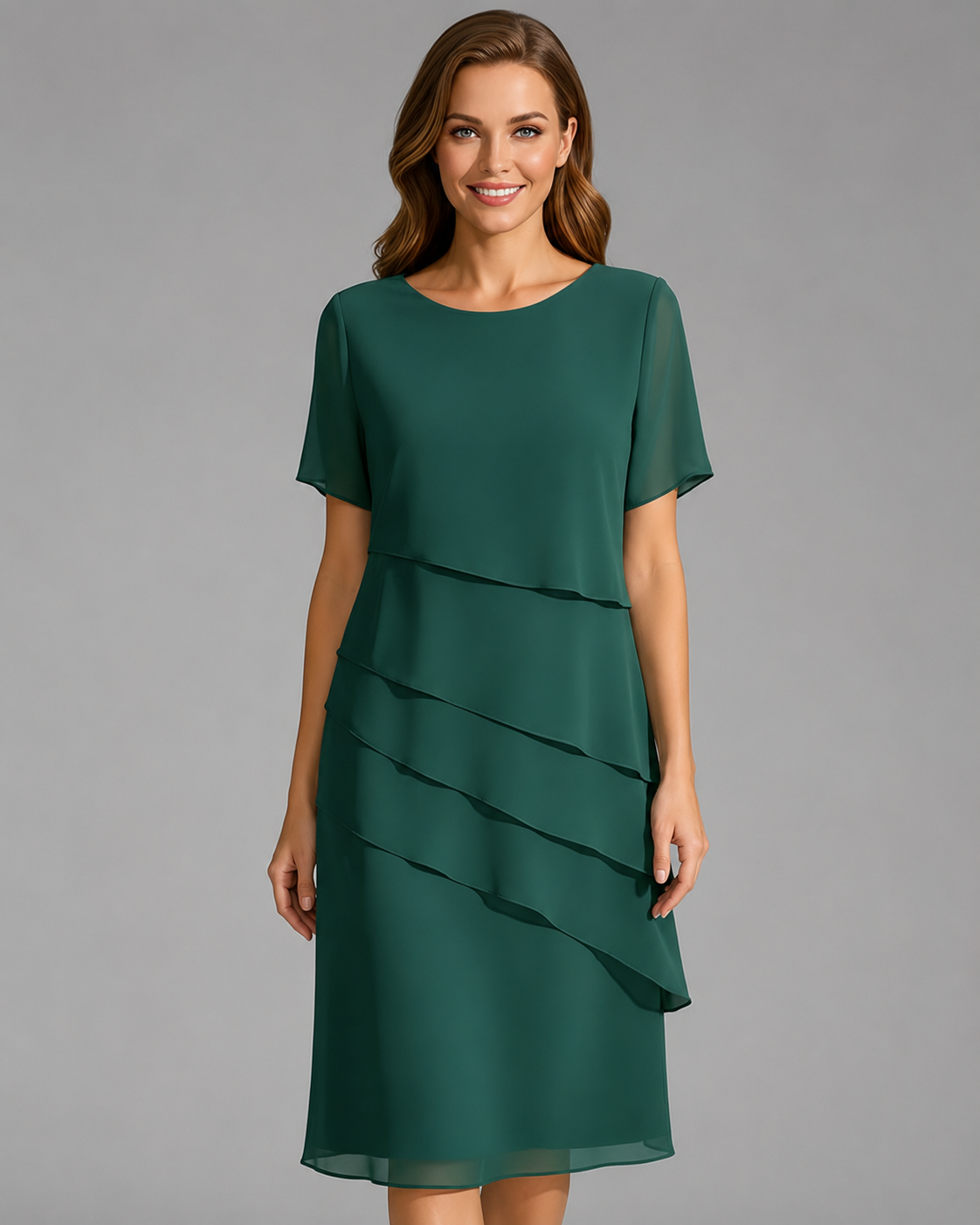 Women's Short Sleeve Dress – Layered Front Panel with Straight Hem