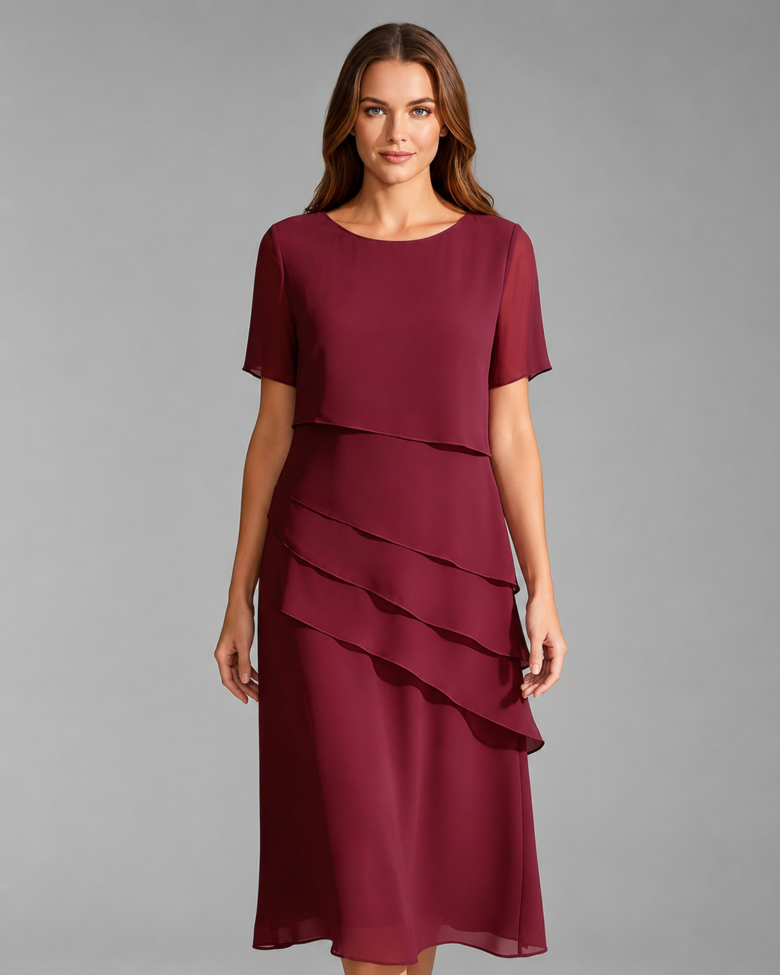 Women's Short Sleeve Dress – Layered Front Panel with Straight Hem